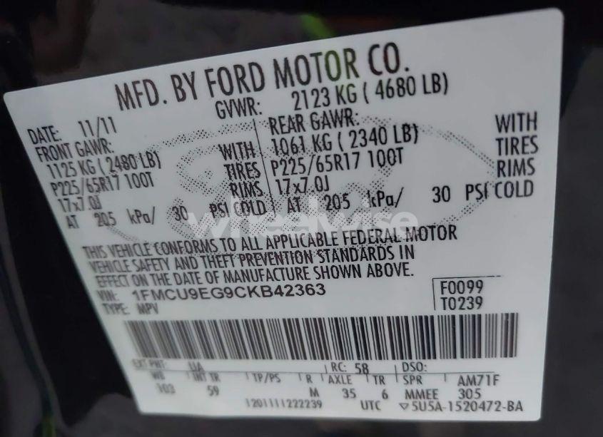 Photo 9 of 2012 Ford Escape LIMITED (VIN 1FMCU9EG9CKB42363)