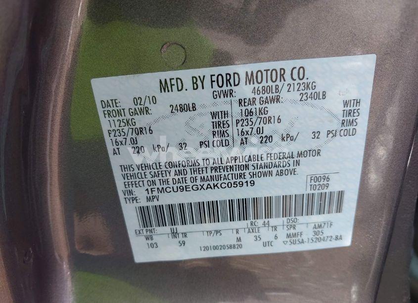 Photo 9 of 2010 Ford Escape LIMITED (VIN 1FMCU9EGXAKC05919)
