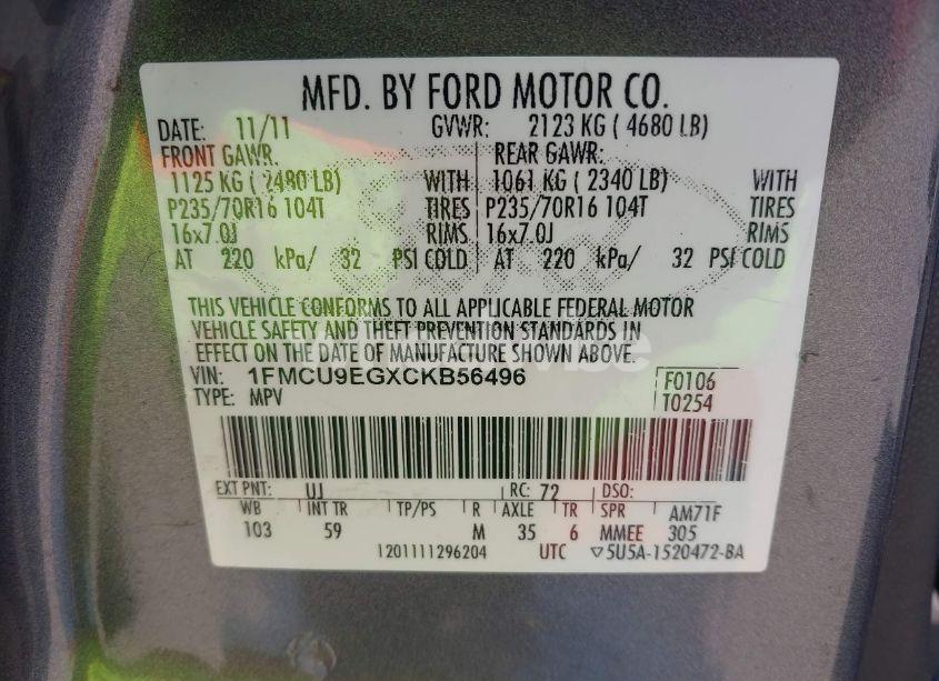 Photo 9 of 2012 Ford Escape LIMITED (VIN 1FMCU9EGXCKB56496)