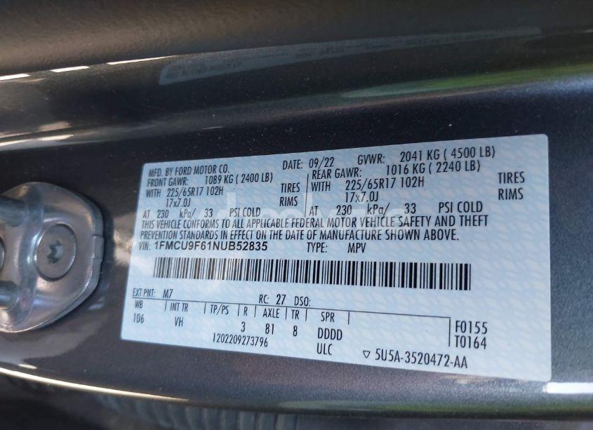 Photo 9 of 2022 Ford Escape S (VIN 1FMCU9F61NUB52835)