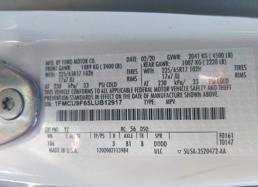 Photo 9 of 2020 Ford Escape S (VIN 1FMCU9F65LUB12917)