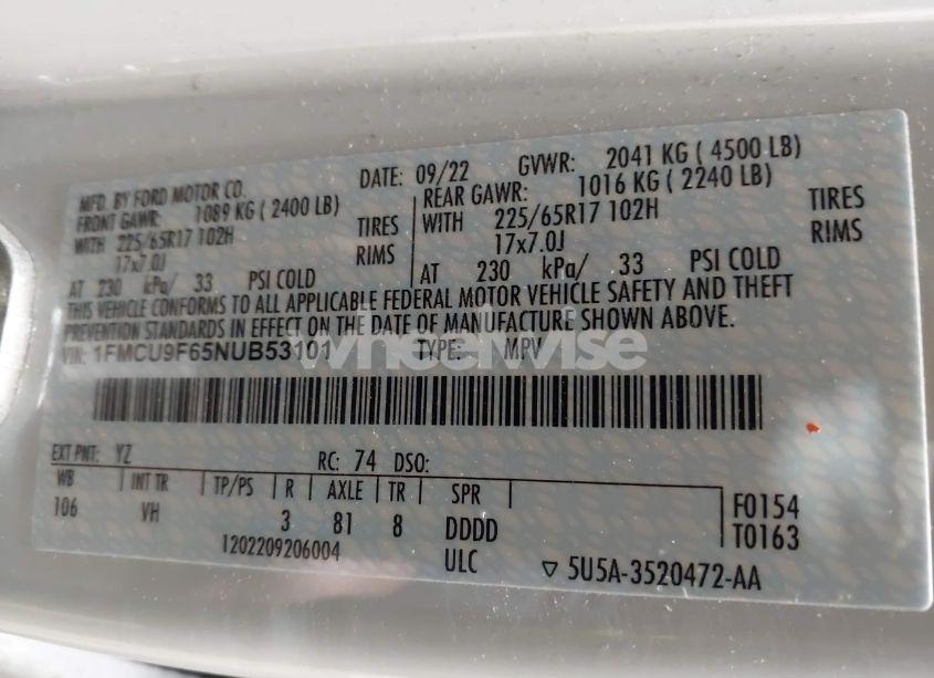 Photo 9 of 2022 Ford Escape S (VIN 1FMCU9F65NUB53101)