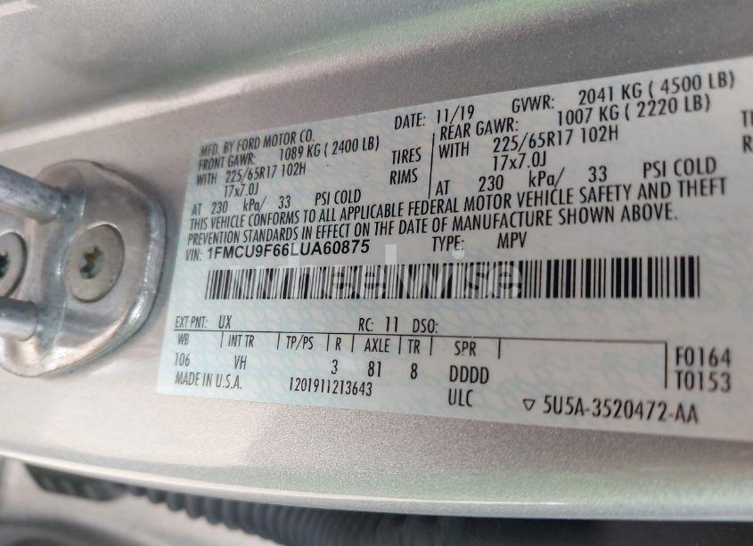 Photo 9 of 2020 Ford Escape S (VIN 1FMCU9F66LUA60875)