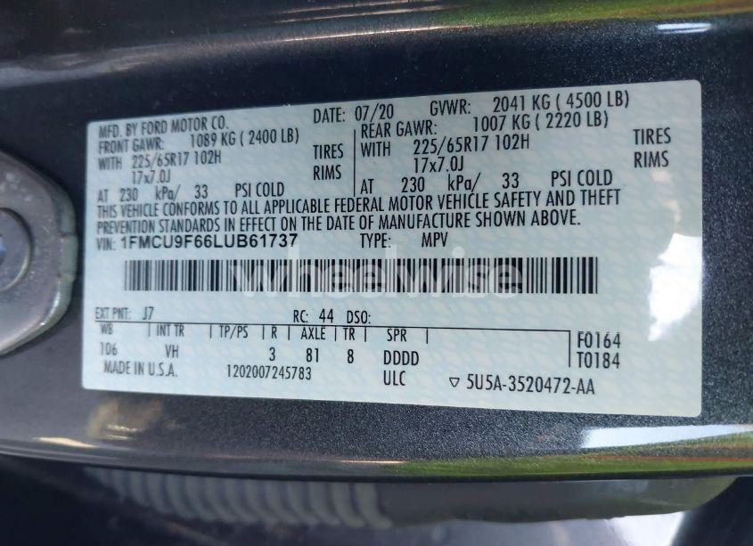 Photo 9 of 2020 Ford Escape S (VIN 1FMCU9F66LUB61737)