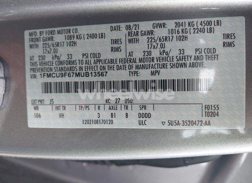 Photo 9 of 2021 Ford Escape S (VIN 1FMCU9F67MUB13567)