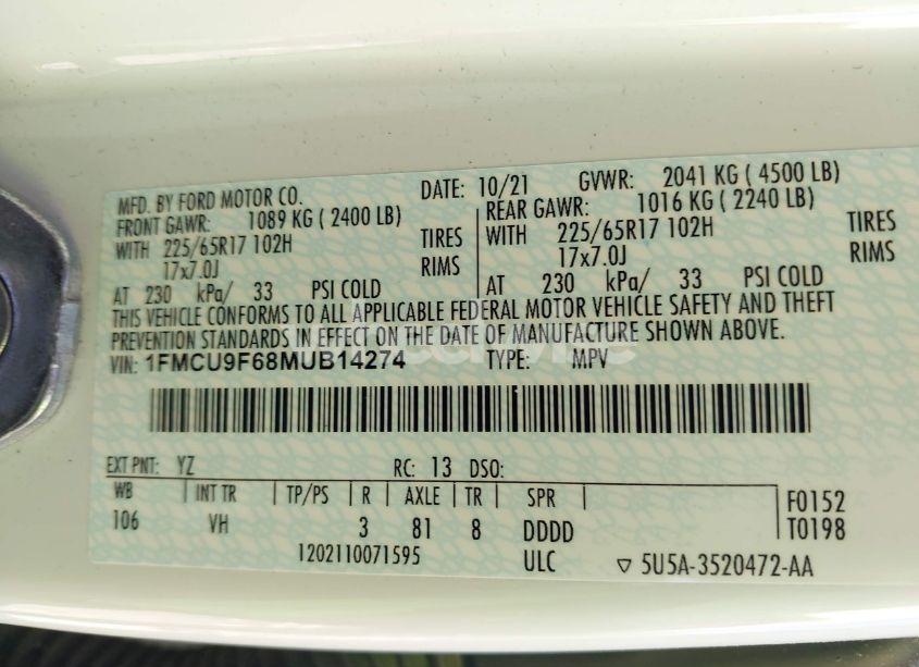 Photo 9 of 2021 Ford Escape S (VIN 1FMCU9F68MUB14274)