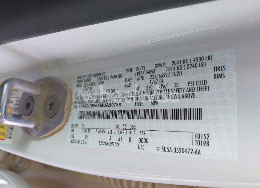 Photo 9 of 2021 Ford Escape S (VIN 1FMCU9F6XMUA50738)