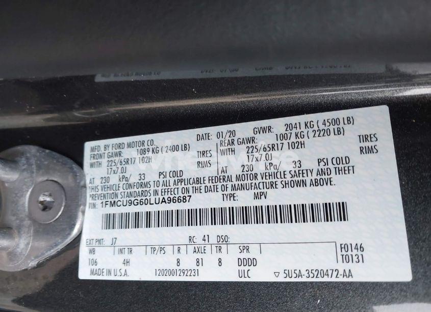 Photo 9 of 2020 Ford Escape SE (VIN 1FMCU9G60LUA96687)