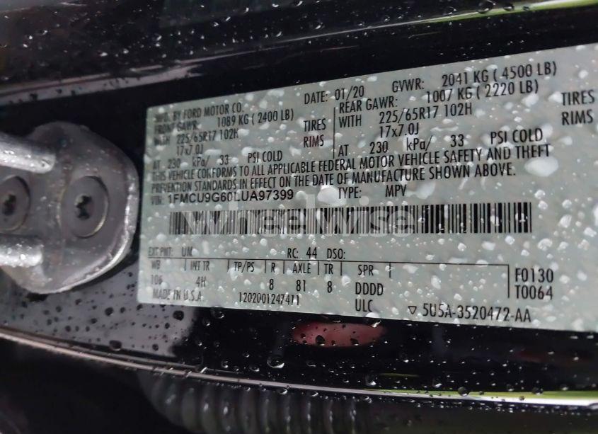 Photo 9 of 2020 Ford Escape SE (VIN 1FMCU9G60LUA97399)