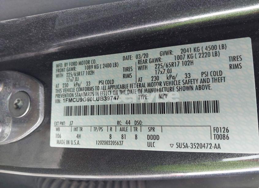 Photo 9 of 2020 Ford Escape SE (VIN 1FMCU9G60LUB39747)