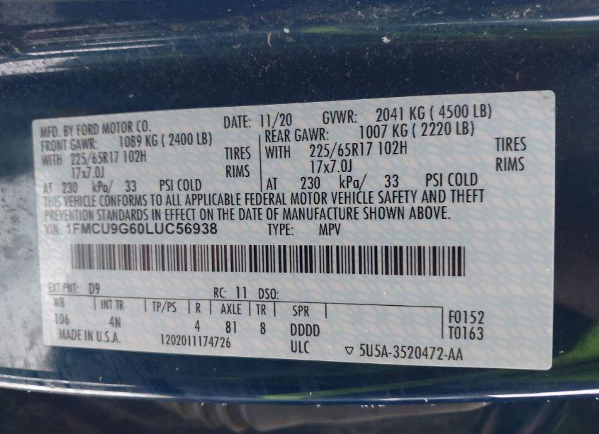 Photo 9 of 2020 Ford Escape SE (VIN 1FMCU9G60LUC56938)