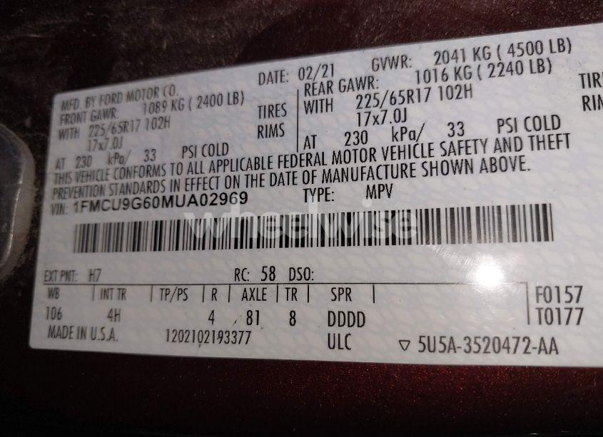 Photo 9 of 2021 Ford Escape SE (VIN 1FMCU9G60MUA02969)