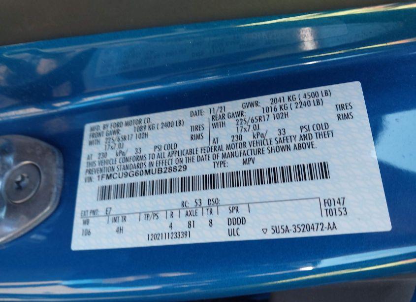 Photo 9 of 2021 Ford Escape SE (VIN 1FMCU9G60MUB28829)