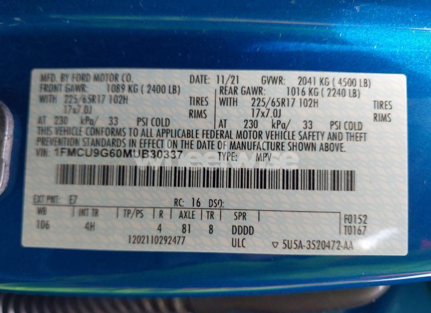 Photo 9 of 2021 Ford Escape SE (VIN 1FMCU9G60MUB30337)