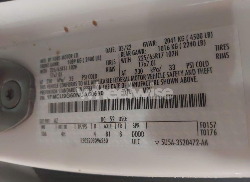 Photo 9 of 2022 Ford Escape SE (VIN 1FMCU9G60NUA60680)