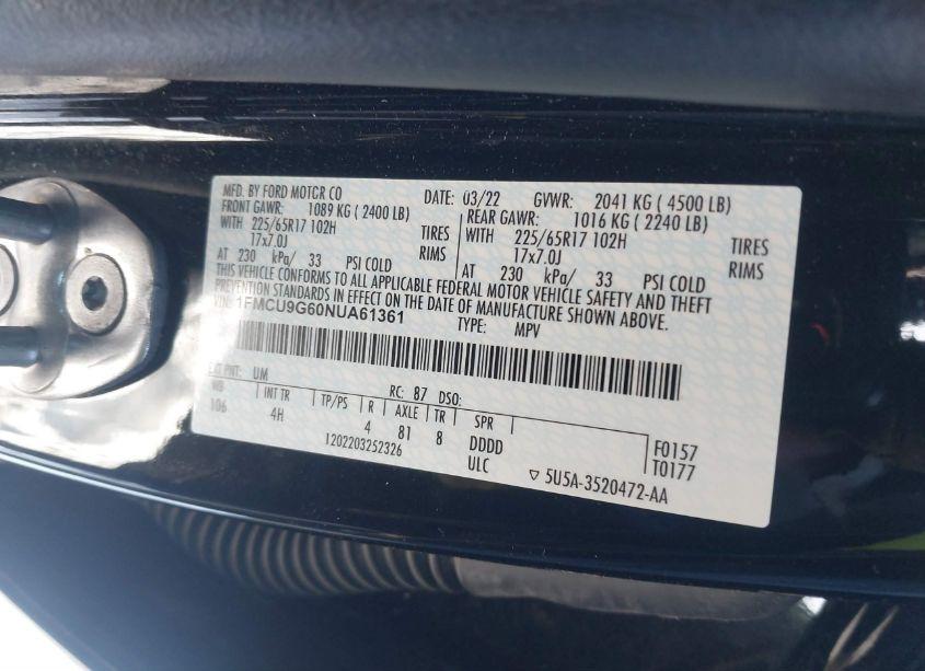 Photo 9 of 2022 Ford Escape SE (VIN 1FMCU9G60NUA61361)