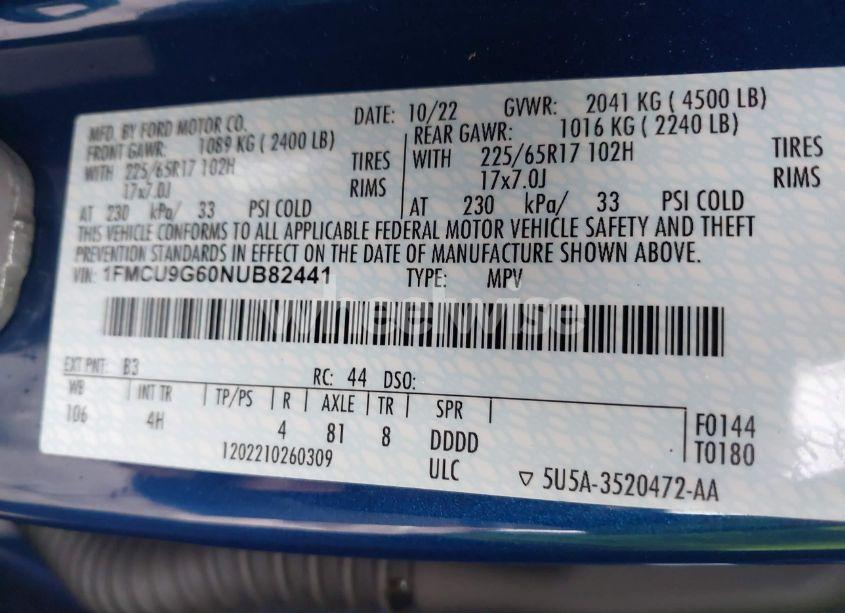 Photo 9 of 2022 Ford Escape SE (VIN 1FMCU9G60NUB82441)