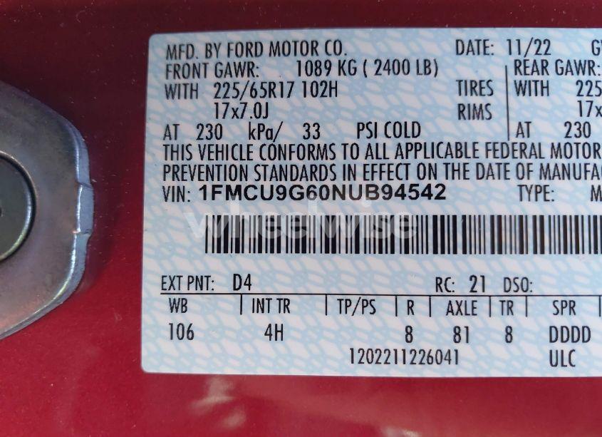 Photo 9 of 2022 Ford Escape SE (VIN 1FMCU9G60NUB94542)