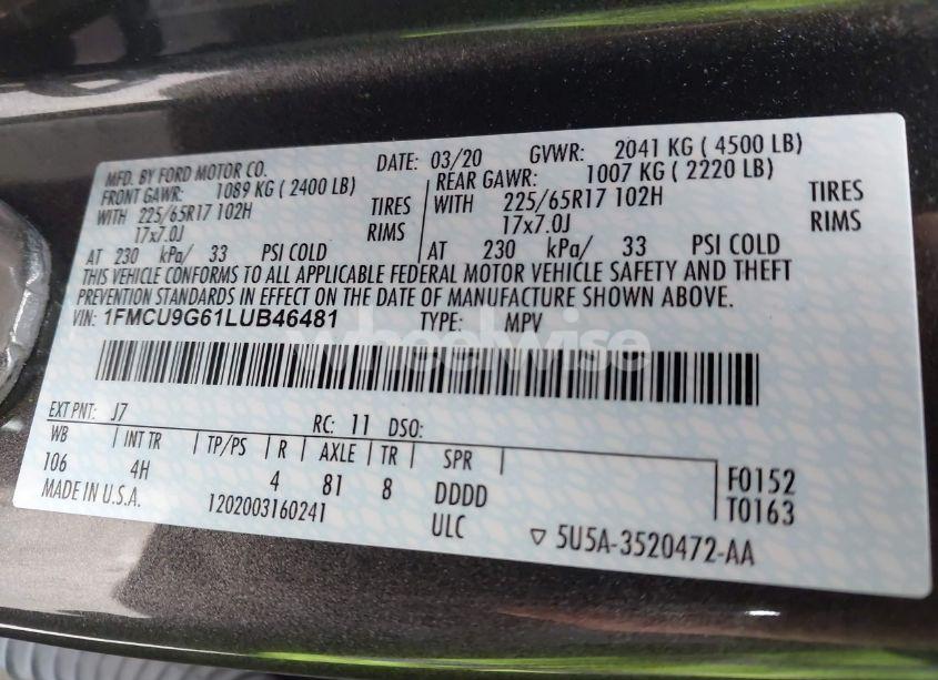 Photo 9 of 2020 Ford Escape SE (VIN 1FMCU9G61LUB46481)