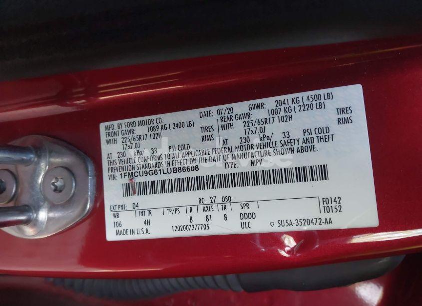 Photo 9 of 2020 Ford Escape SE (VIN 1FMCU9G61LUB86608)