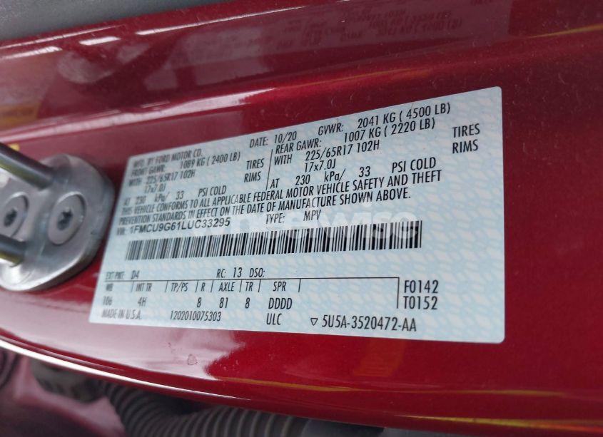 Photo 9 of 2020 Ford Escape SE (VIN 1FMCU9G61LUC33295)