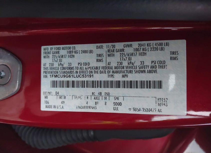 Photo 9 of 2020 Ford Escape SE (VIN 1FMCU9G61LUC53191)