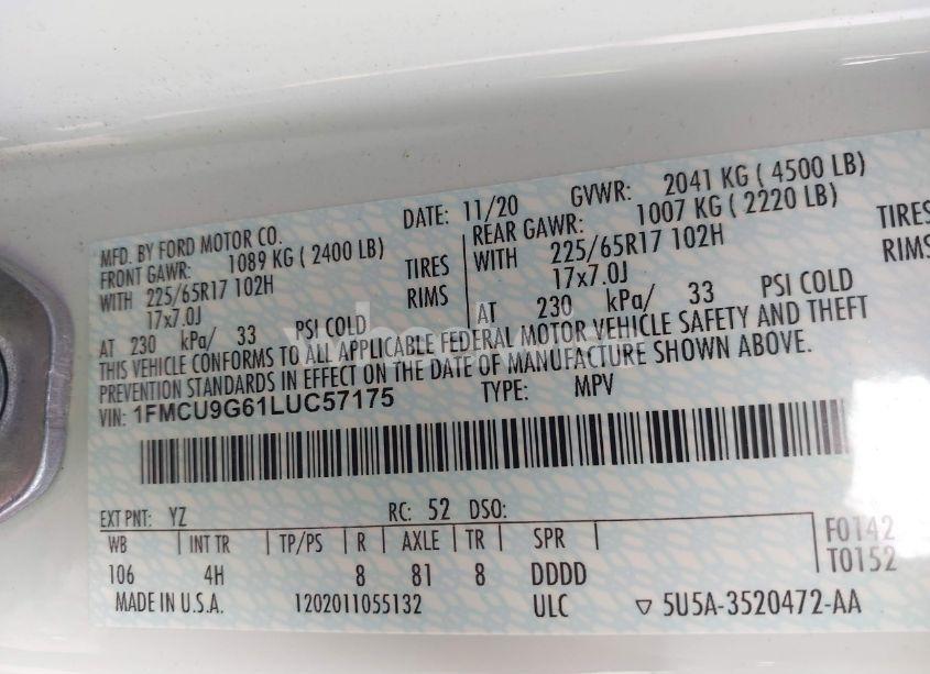 Photo 9 of 2020 Ford Escape SE (VIN 1FMCU9G61LUC57175)