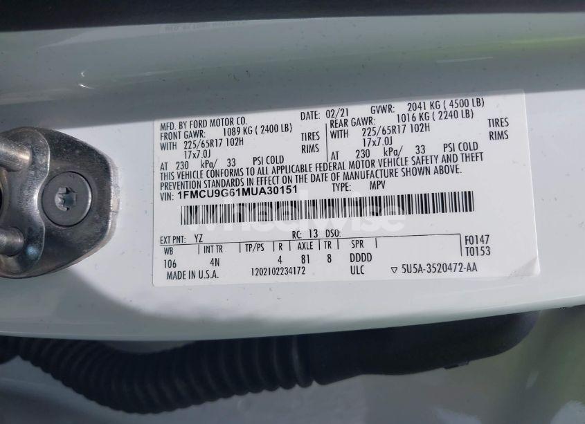 Photo 9 of 2021 Ford Escape SE (VIN 1FMCU9G61MUA30151)