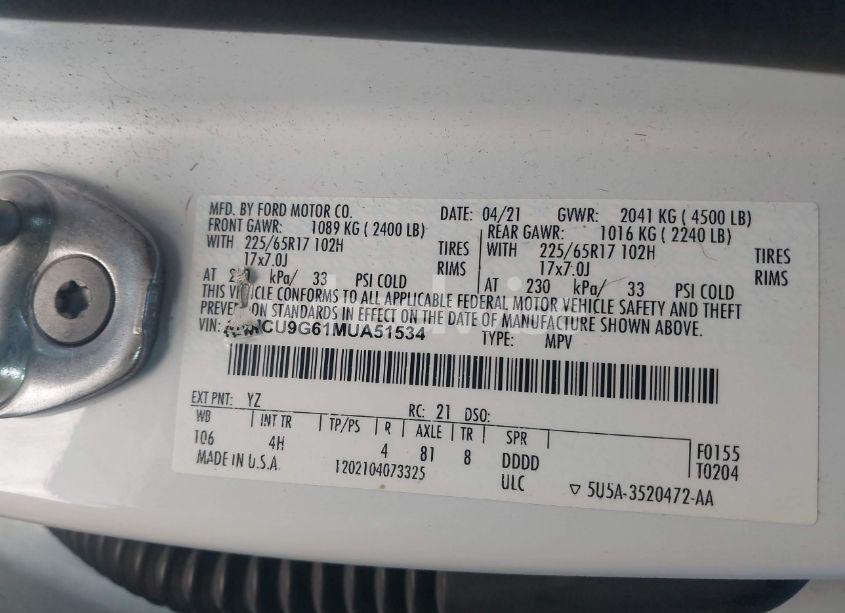 Photo 9 of 2021 Ford Escape SE (VIN 1FMCU9G61MUA51534)