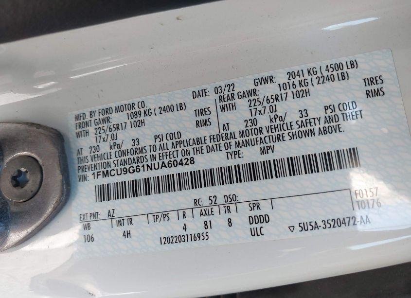 Photo 9 of 2022 Ford Escape SE (VIN 1FMCU9G61NUA60428)