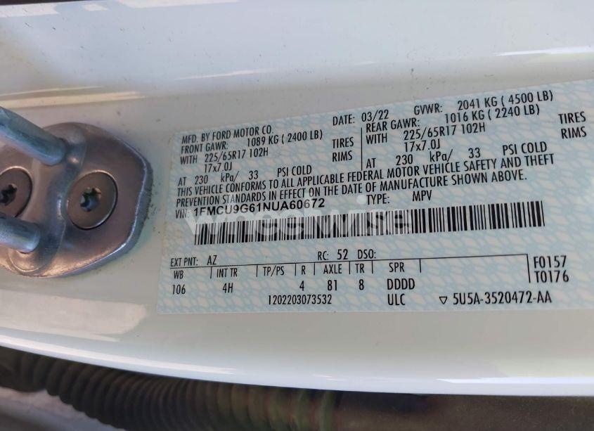 Photo 9 of 2022 Ford Escape SE (VIN 1FMCU9G61NUA60672)