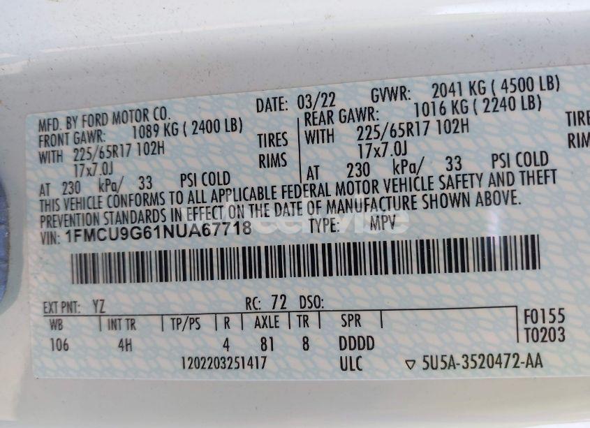 Photo 9 of 2022 Ford Escape SE (VIN 1FMCU9G61NUA67718)