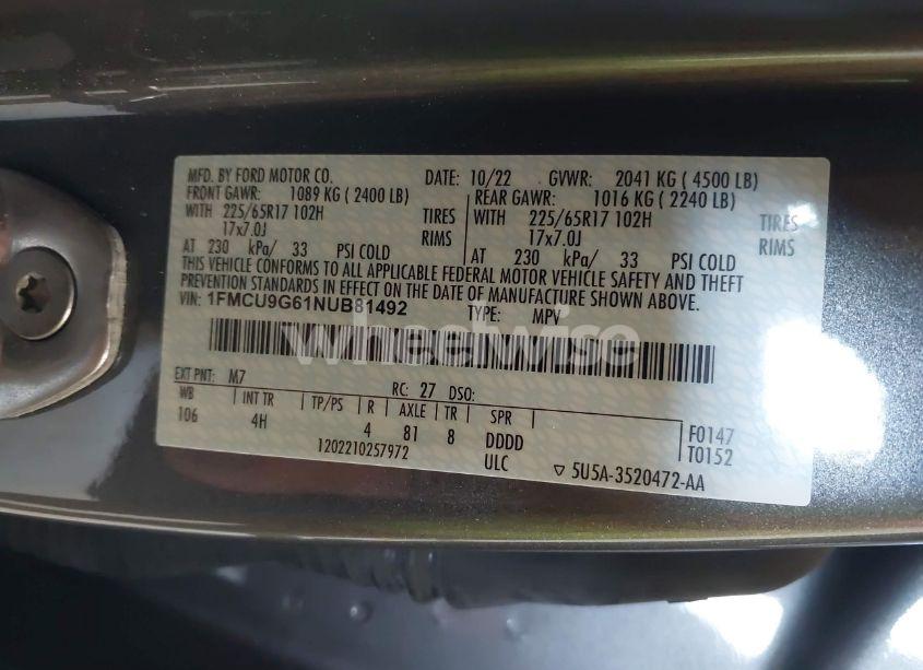 Photo 9 of 2022 Ford Escape SE (VIN 1FMCU9G61NUB81492)