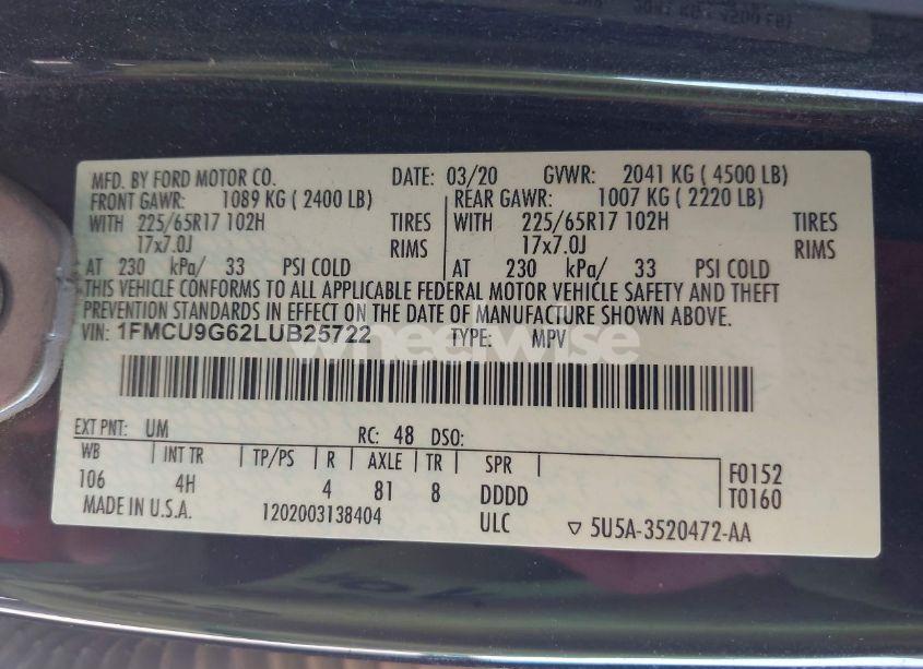 Photo 9 of 2020 Ford Escape SE (VIN 1FMCU9G62LUB25722)