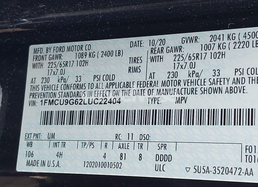 Photo 9 of 2020 Ford Escape SE (VIN 1FMCU9G62LUC22404)