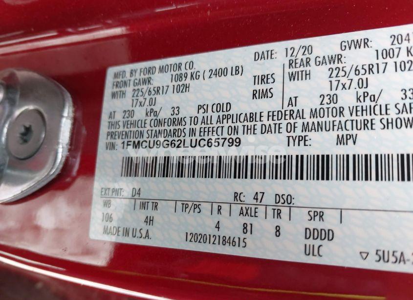 Photo 9 of 2020 Ford Escape SE (VIN 1FMCU9G62LUC65799)