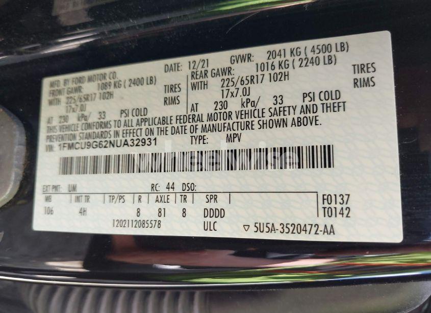 Photo 9 of 2022 Ford Escape SE (VIN 1FMCU9G62NUA32931)