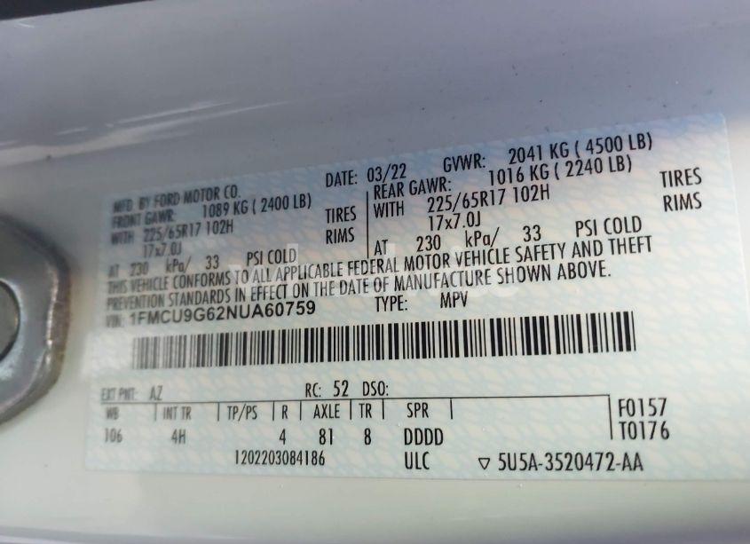 Photo 9 of 2022 Ford Escape SE (VIN 1FMCU9G62NUA60759)