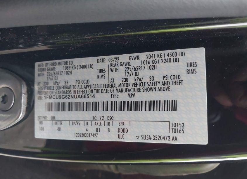 Photo 9 of 2022 Ford Escape SE (VIN 1FMCU9G62NUA66514)