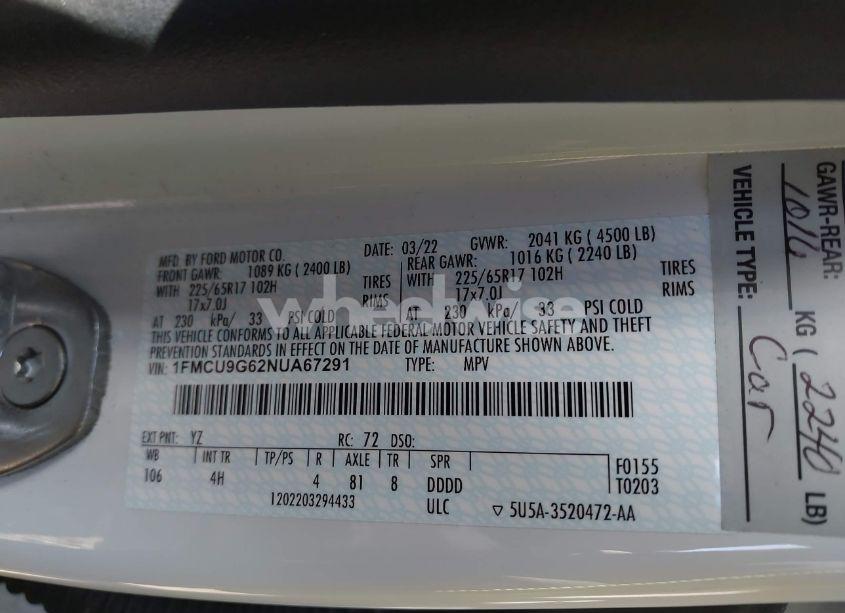 Photo 9 of 2022 Ford Escape SE (VIN 1FMCU9G62NUA67291)