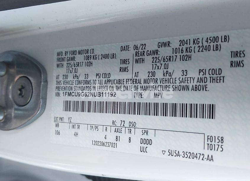 Photo 9 of 2022 Ford Escape SE (VIN 1FMCU9G62NUB11192)