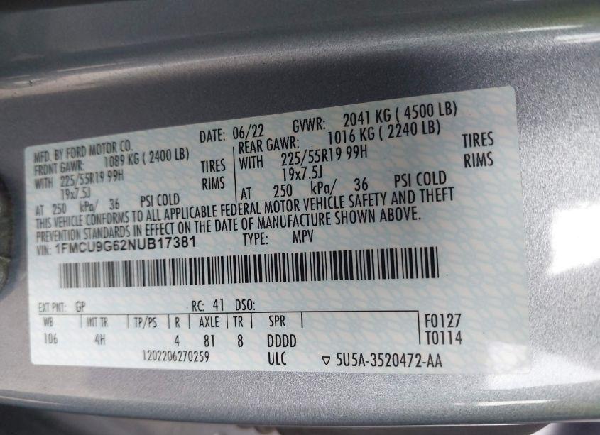 Photo 9 of 2022 Ford Escape SE (VIN 1FMCU9G62NUB17381)