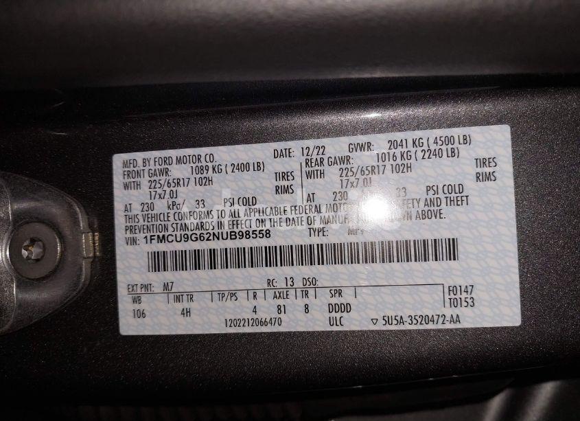 Photo 9 of 2022 Ford Escape SE (VIN 1FMCU9G62NUB98558)