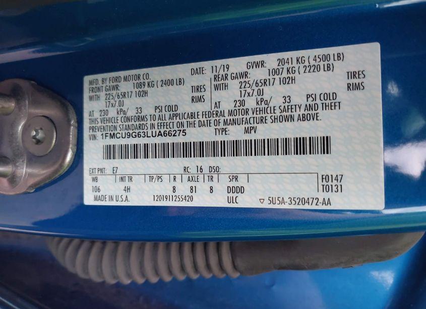 Photo 9 of 2020 Ford Escape SE (VIN 1FMCU9G63LUA66275)