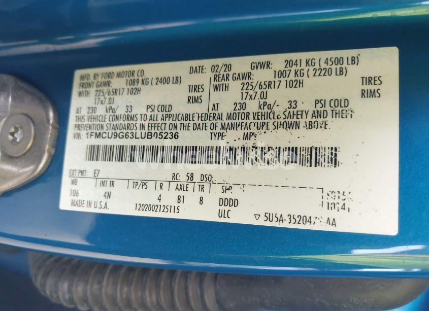 Photo 9 of 2020 Ford Escape SE (VIN 1FMCU9G63LUB05236)