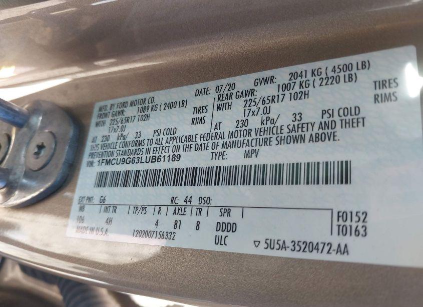 Photo 9 of 2020 Ford Escape SE (VIN 1FMCU9G63LUB61189)