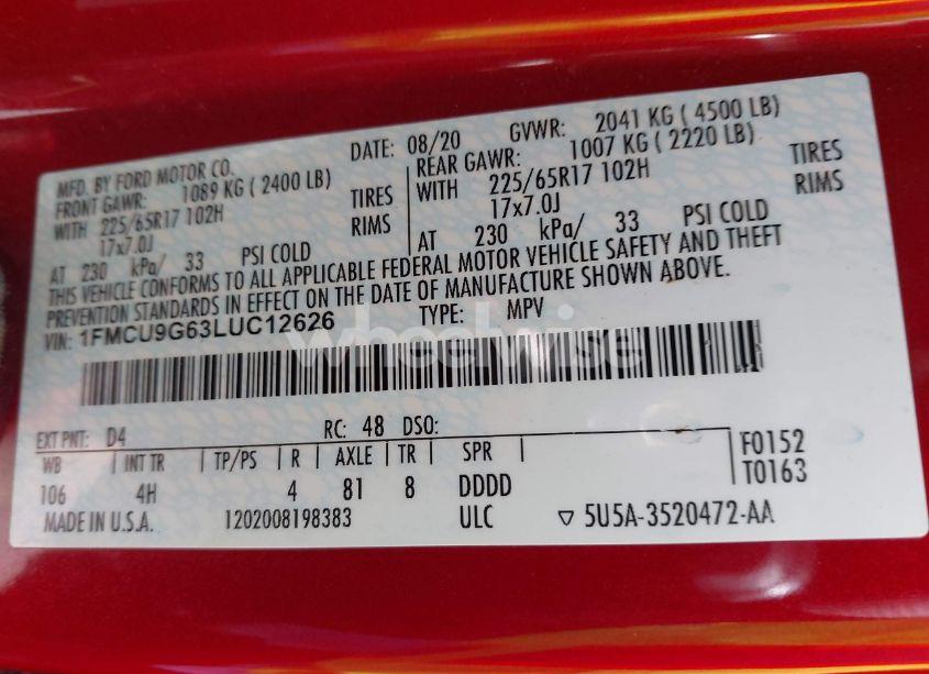 Photo 9 of 2020 Ford Escape SE (VIN 1FMCU9G63LUC12626)