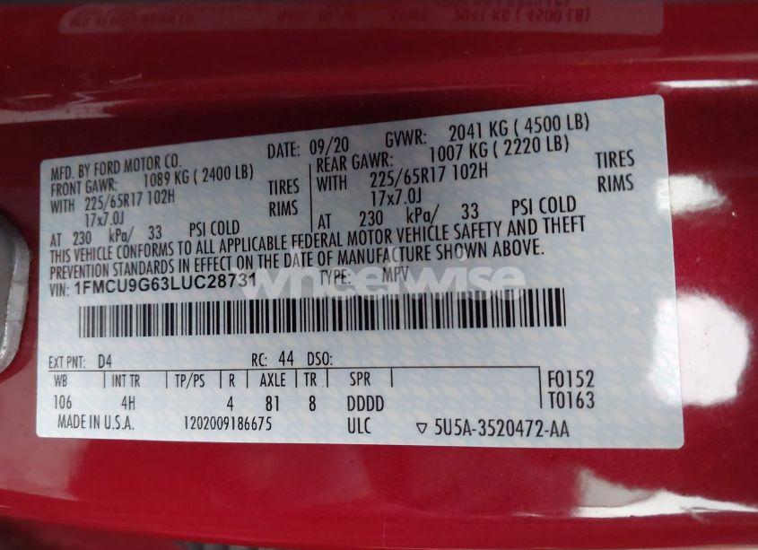 Photo 9 of 2020 Ford Escape SE (VIN 1FMCU9G63LUC28731)