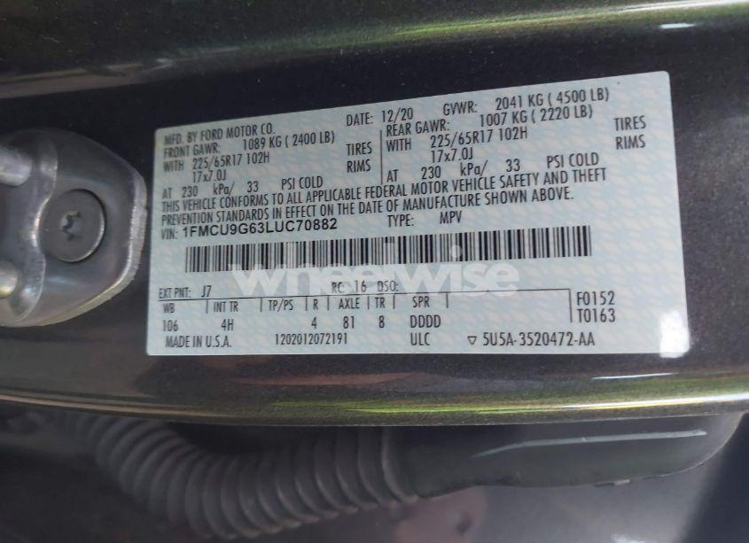 Photo 9 of 2020 Ford Escape SE (VIN 1FMCU9G63LUC70882)