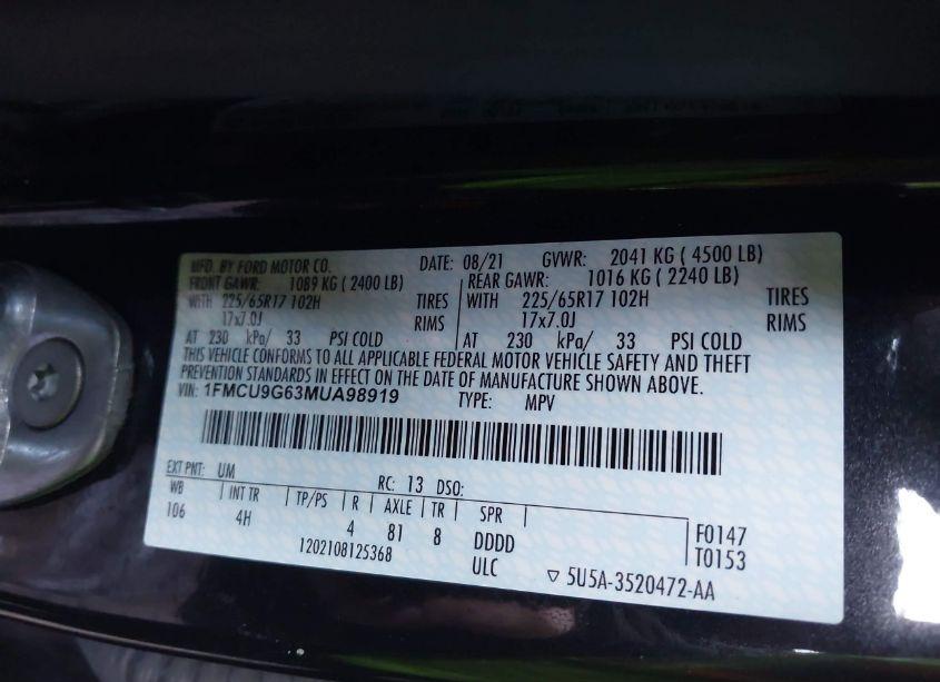 Photo 9 of 2021 Ford Escape SE (VIN 1FMCU9G63MUA98919)